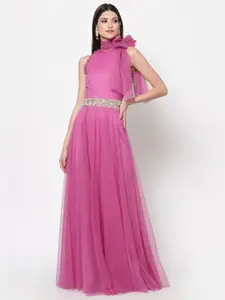 Just Wow Pink Tie-Up Neck Net Maxi Dress