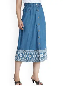 SUMAVI-FASHION SUMAVI-FASHION Women Blue Embroidered A-Line Midi Denim Skirt
