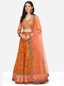 SAPTRANGI Mustard & Green Embroidered Semi-Stitched Lehenga & Unstitched Blouse With Dupatta