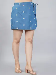 SUMAVI-FASHION Women Blue Floral Printed Straight Mini Skirt