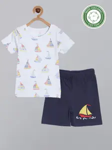Broon Boys White & Navy Blue Printed T-shirt with Shorts