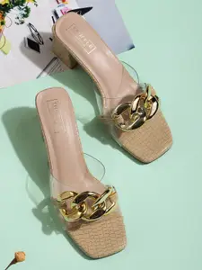 Truffle Collection Nude-Coloured Embellished PU Block Sandals