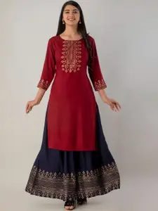 FABISTA Women Maroon Floral Embroidered Layered Kurti with Skirt & With Dupatta