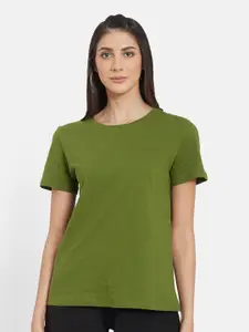 UNMADE Women Olive Green Organic Cotton Round Neck T-shirt