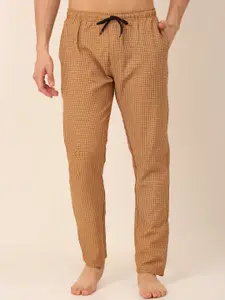 JAINISH Men Mustard Yellow & White Checked Pure Cotton Lounge Pants