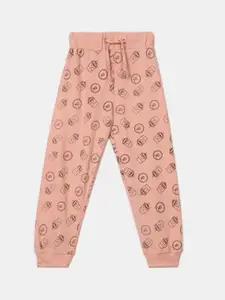 V-Mart Girls Peach-Colored Printed Cotton Single Jersey Lounge Joggers