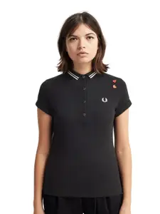 Fred Perry Women Black Polo Collar Slim Fit T-shirt