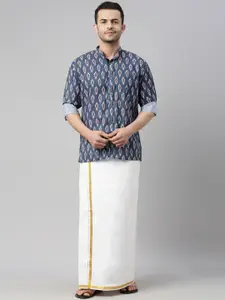 VASTRAMAY Men Grey & White Ethnic Printed Pure Cotton Shirt with Dhoti Pants