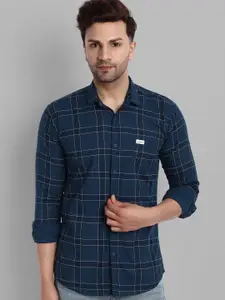 Majestic Man Men Navy Blue Slim Fit Windowpane Checks Checked Pure Cotton Casual Shirt