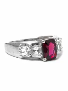 HIFLYER JEWELS Sterling Silver Rhodium-Plated Red Garnet Gemstone-Studded Finger Ring