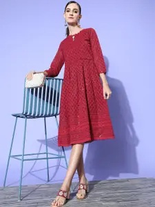 ZOLA Women Maroon Ethnic Motifs Shimmer & Sequin Dress