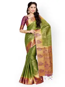MIMOSA Olive Green & Purple Art Silk Woven Design Kanjeevaram Saree