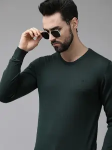 Arrow Men Green Solid Merino Wool Pullover With Elbow Patches