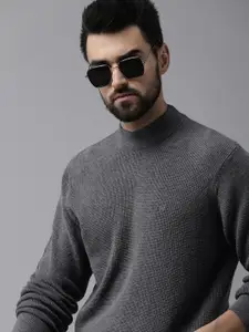 Arrow Men Grey Self Design Open Knit High Neck Pullover Sweater