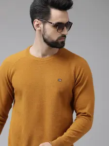 Arrow Men Mustard Solid Pullover with Embroidered Detail