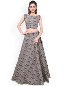 Inddus Blue Banarasi Block Print Cotton Semi-Stitched Lehenga Choli