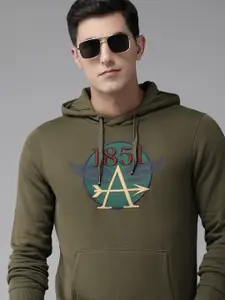 Arrow Men Olive Green Brand Logo Embroidered Hooded Pullover Sweatshirt