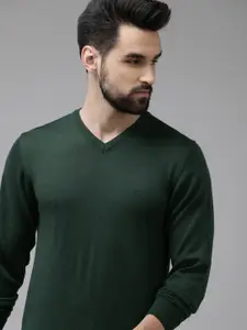 Arrow Men Dark Green Solid V-Neck Pullover Sweater