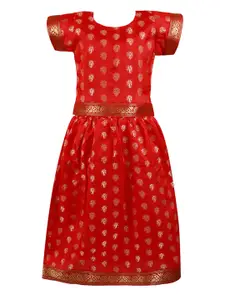Wish Karo Girls Red & Gold-Toned Printed Art Silk Ready to Wear Lehenga & Choli
