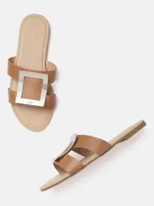 Allen Solly Women Brown & Gold-Toned Solid Open Toe Flats with Buckles & Cut-Out Detail