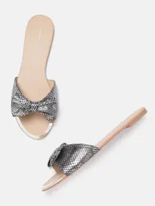 Allen Solly Women Silver-Toned & Black Snakeskin Print Open Toe Flats with Bow Detail