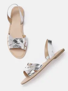Allen Solly Women Silver-Toned Solid Criss-Cross Open Toe Flats