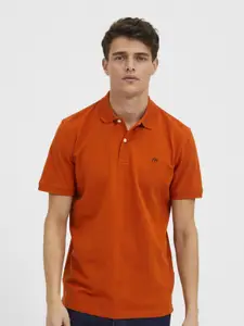 SELECTED Men Orange Polo Collar Cotton T-shirt