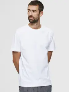 SELECTED Men White Round-Neck Raw Edge T-shirt