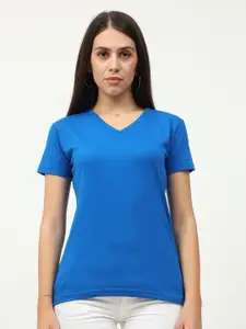 Fleximaa Women Blue V-Neck Cotton T-shirt