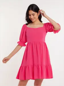 Zink London Women Pink Solid A-Line Short Tiered Dress