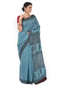Kalakari India Blue & Maroon Bagh Hand Block Print Handcrafted Cotton Sustainable Saree