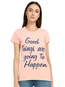 CHOZI Women Pink & Blue Typography Printed T-shirt