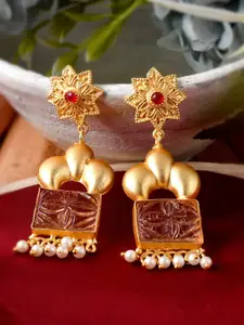 DASTOOR Gold-Toned & Red Contemporary Jhumkas Earrings