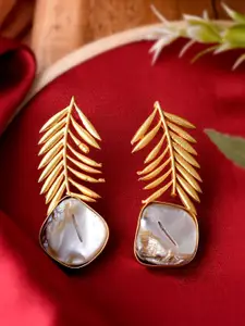 DASTOOR Gold-Toned Feather Shaped Partywear Studs Earrings