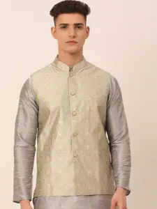 Jompers Men Beige & Golden Woven Design Nehru Jackets