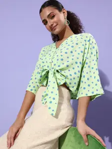 People Striking Green Polka Dotted Twist & Knot Top