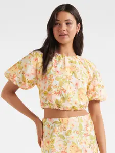 Forever New Yellow Floral Print Linen Blouson Top