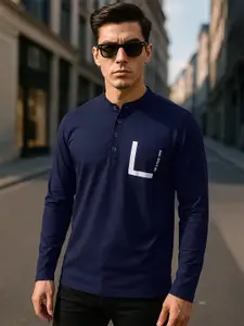 Maniac Men Navy Blue Typography Printed Henley Neck Slim Fit T-shirt
