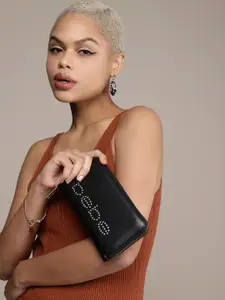 bebe Women Black Embellished Zip Around Wallet