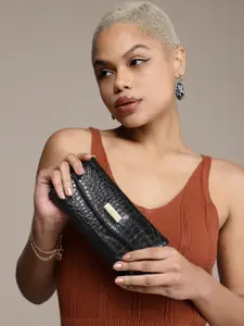 bebe Women Black Textured PU Three Fold Wallet