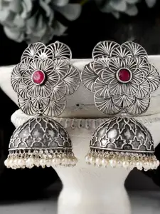 DASTOOR Silver-Toned & Pink Silver-Plated Dome Shaped Jhumkas Earrings