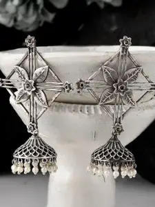DASTOOR Silver-Toned Contemporary Jhumkas Earrings