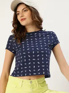 DressBerry Women Navy Blue & White Pure Cotton Conversational Printed Crop T-shirt