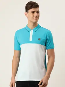 Peter England Men White & Blue Colourblocked Polo Collar T-shirt