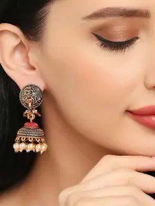 OOMPH Red & Gold-Toned Peacock Shaped Jhumkas Earrings