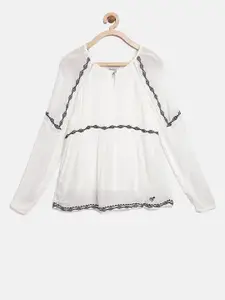 Pepe Jeans Girls Off-White Solid Top with Embroidered Detail