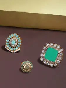 Zaveri Pearls Set Of 3 Gold-Plated Turquoise Blue & Green Kundan Studded Adjustable Finger Ring