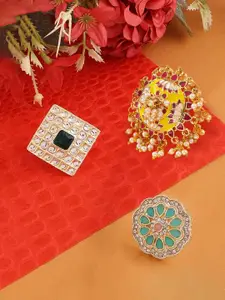 Zaveri Pearls Set Of 3 White Kundan Studded & Beaded Meenakari Finger Ring