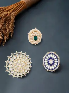 Zaveri Pearls Set of 3 Gold-Plated Green & White Kundan Studded & Beaded Meenakari Adjustable Finger Rings