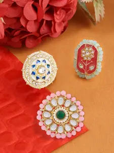 Zaveri Pearls Set Of 3 Gold-Plated White Kundan-Studded & Beaded Finger Rings